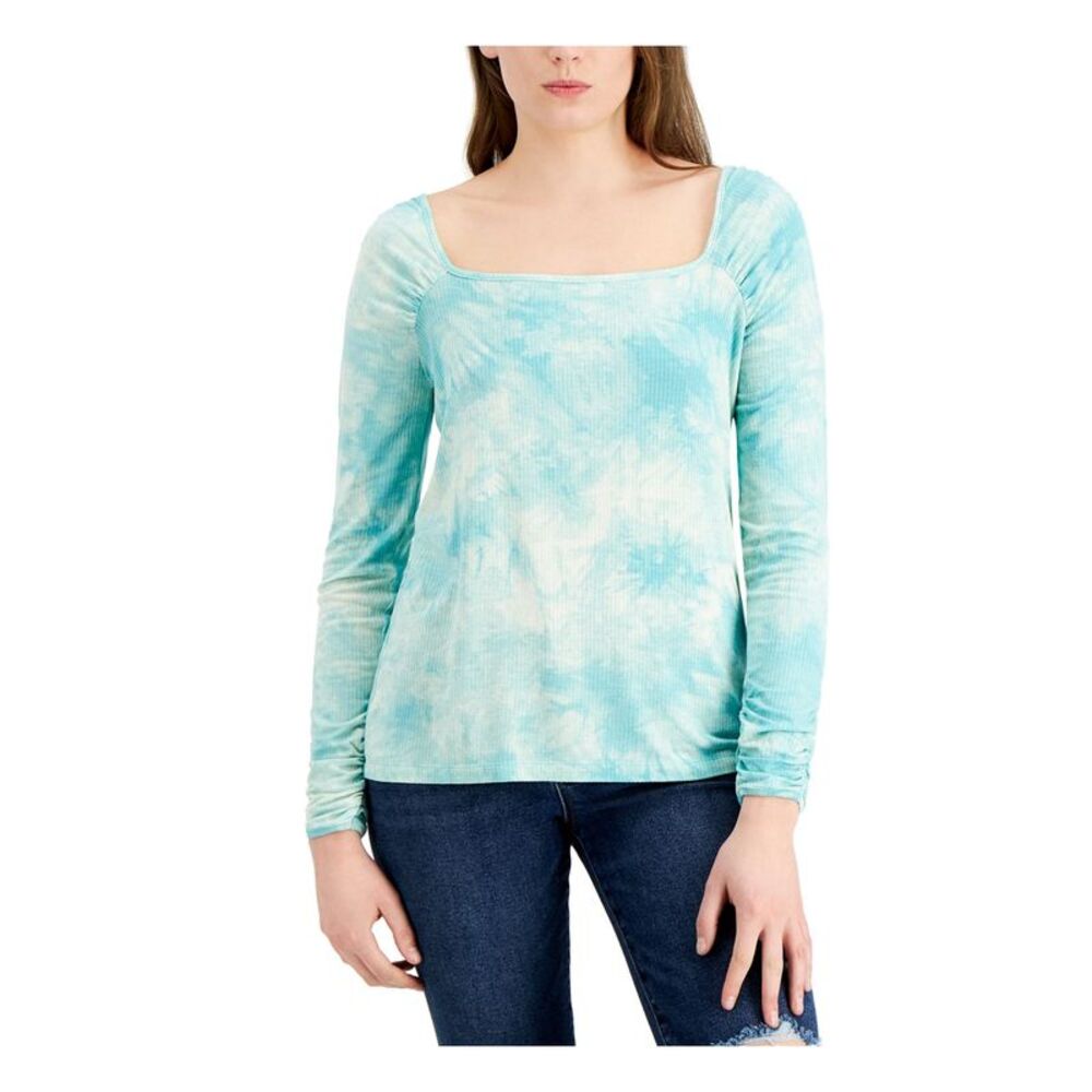 FEVER Womens Aqua Ribbed Tie Dye Long Sleeve Square Neck Top S - Picture 1 of 1